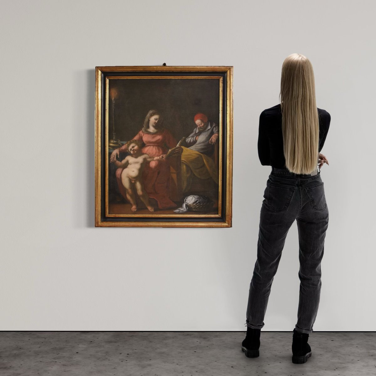 Antico quadro italiano del XVII secolo, Sacra Famiglia con San Giuseppe dormiente-photo-2