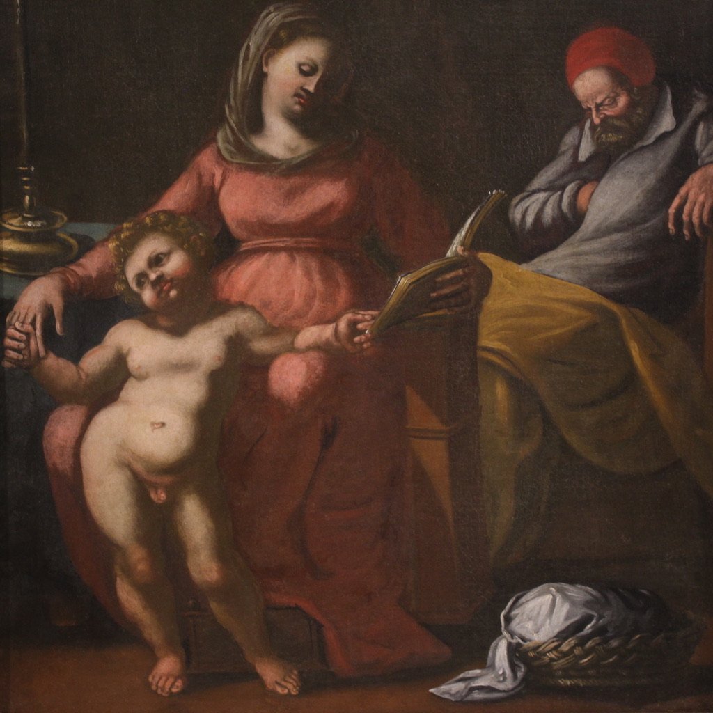 Antico quadro italiano del XVII secolo, Sacra Famiglia con San Giuseppe dormiente-photo-3