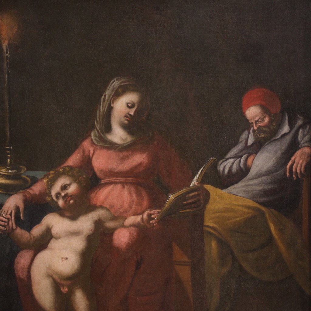 Antico quadro italiano del XVII secolo, Sacra Famiglia con San Giuseppe dormiente-photo-4