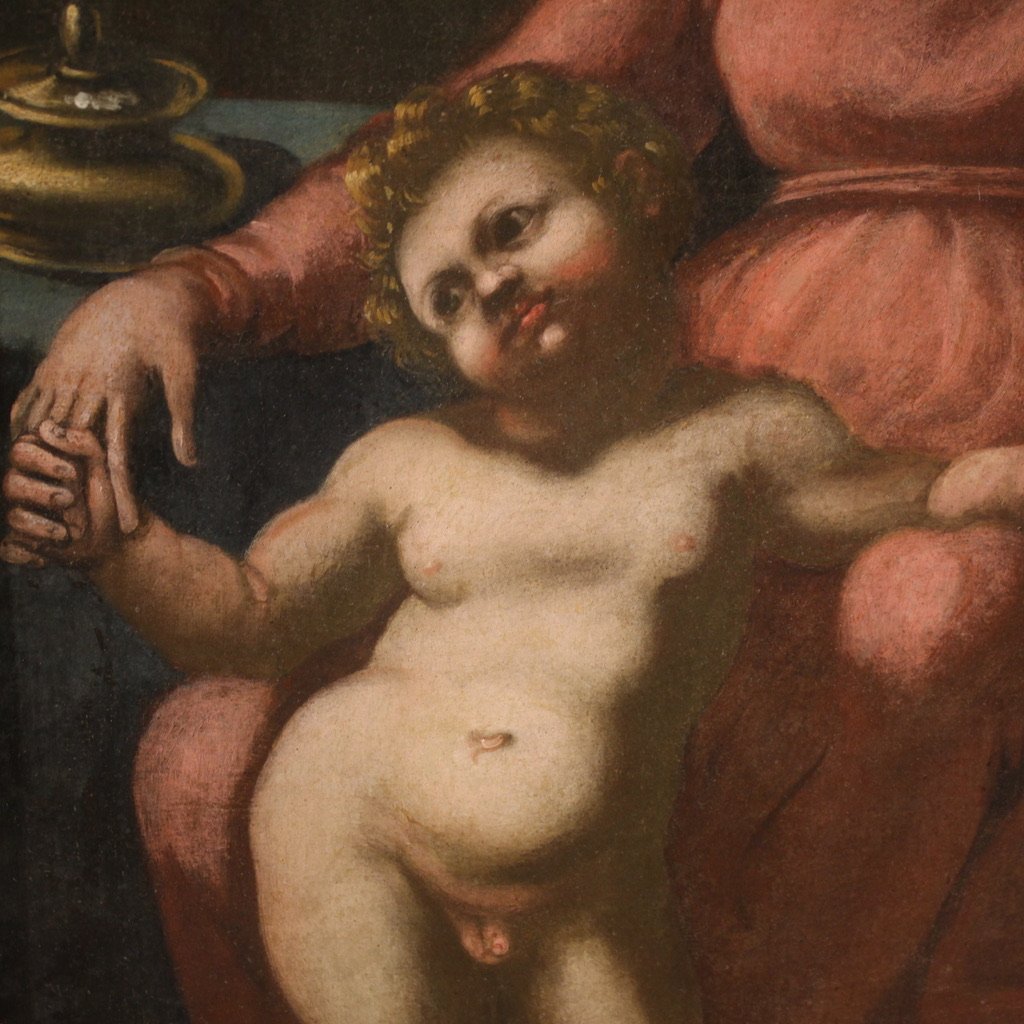 Antico quadro italiano del XVII secolo, Sacra Famiglia con San Giuseppe dormiente-photo-1