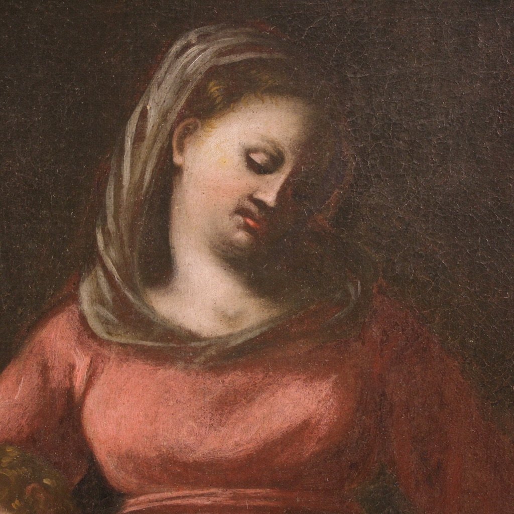 Antico quadro italiano del XVII secolo, Sacra Famiglia con San Giuseppe dormiente-photo-4