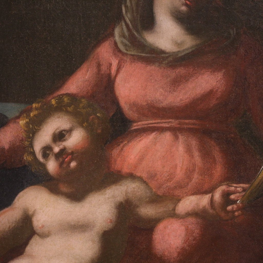 Antico quadro italiano del XVII secolo, Sacra Famiglia con San Giuseppe dormiente-photo-6