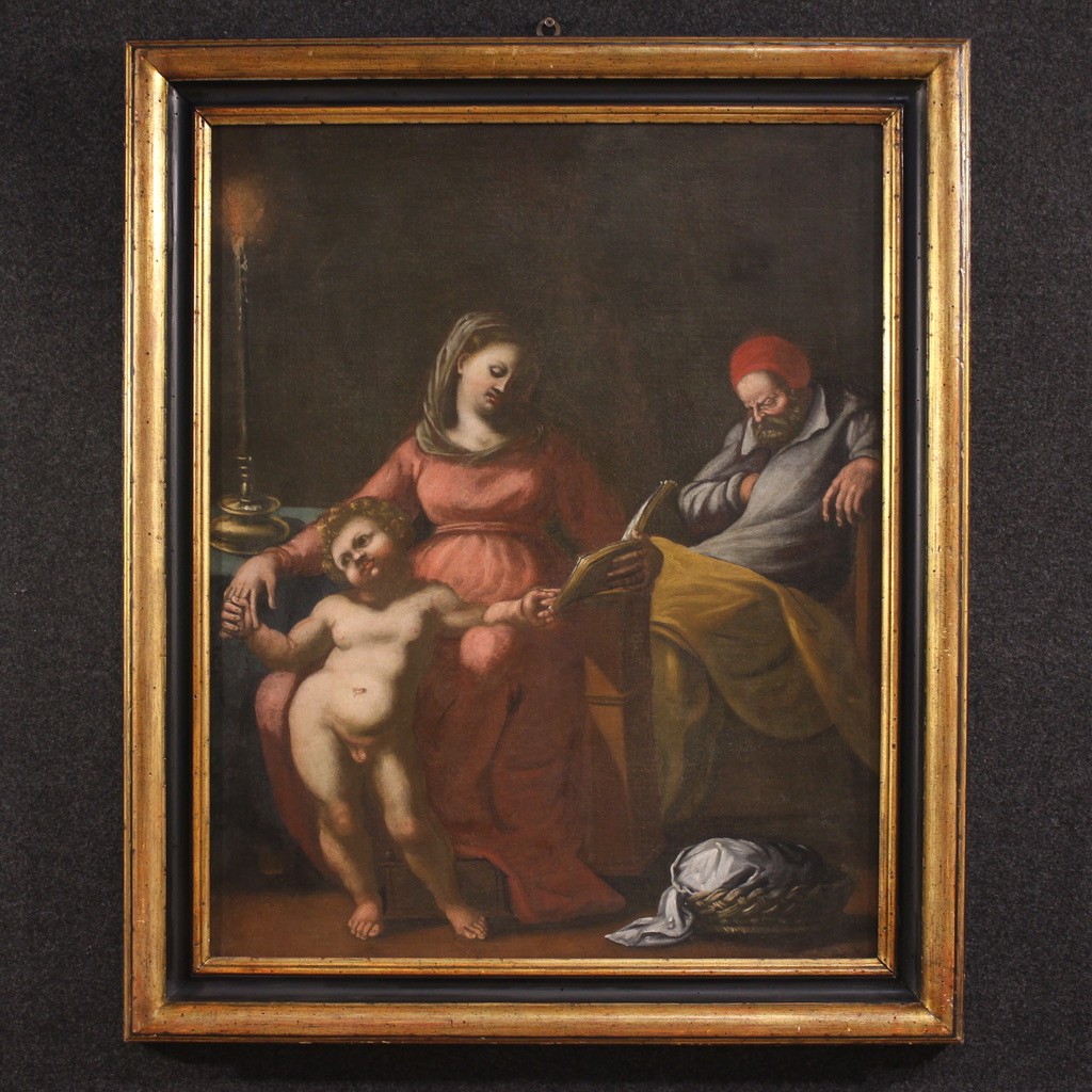 Antico quadro italiano del XVII secolo, Sacra Famiglia con San Giuseppe dormiente