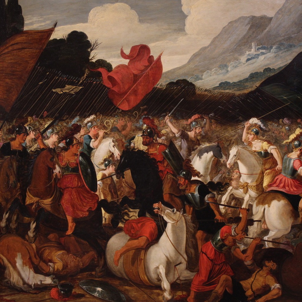 Grande dipinto fiammingo su tavola del XVII secolo, battaglia tra cavalieri e Amazzoni-photo-3