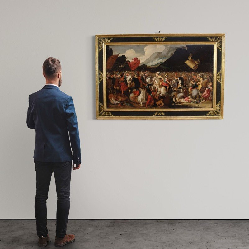 Grande dipinto fiammingo su tavola del XVII secolo, battaglia tra cavalieri e Amazzoni-photo-1