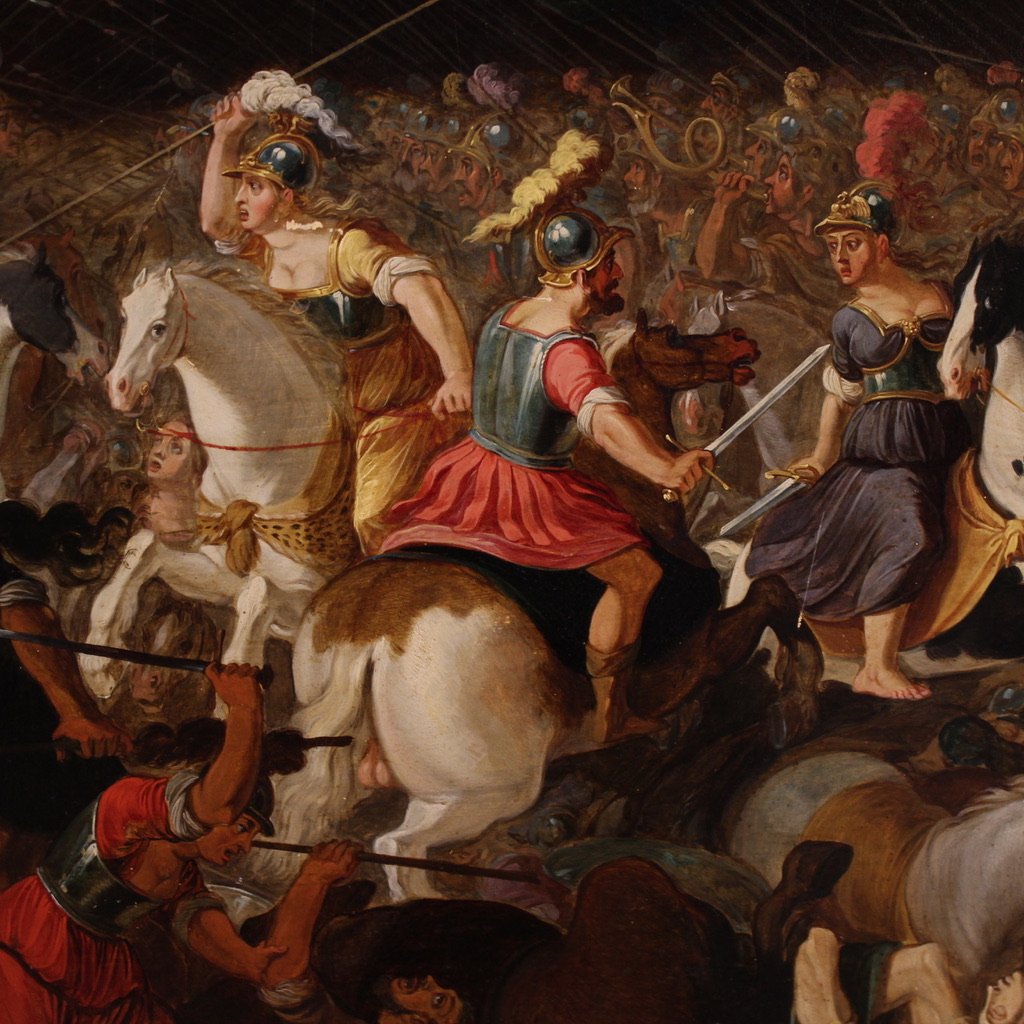 Grande dipinto fiammingo su tavola del XVII secolo, battaglia tra cavalieri e Amazzoni-photo-2