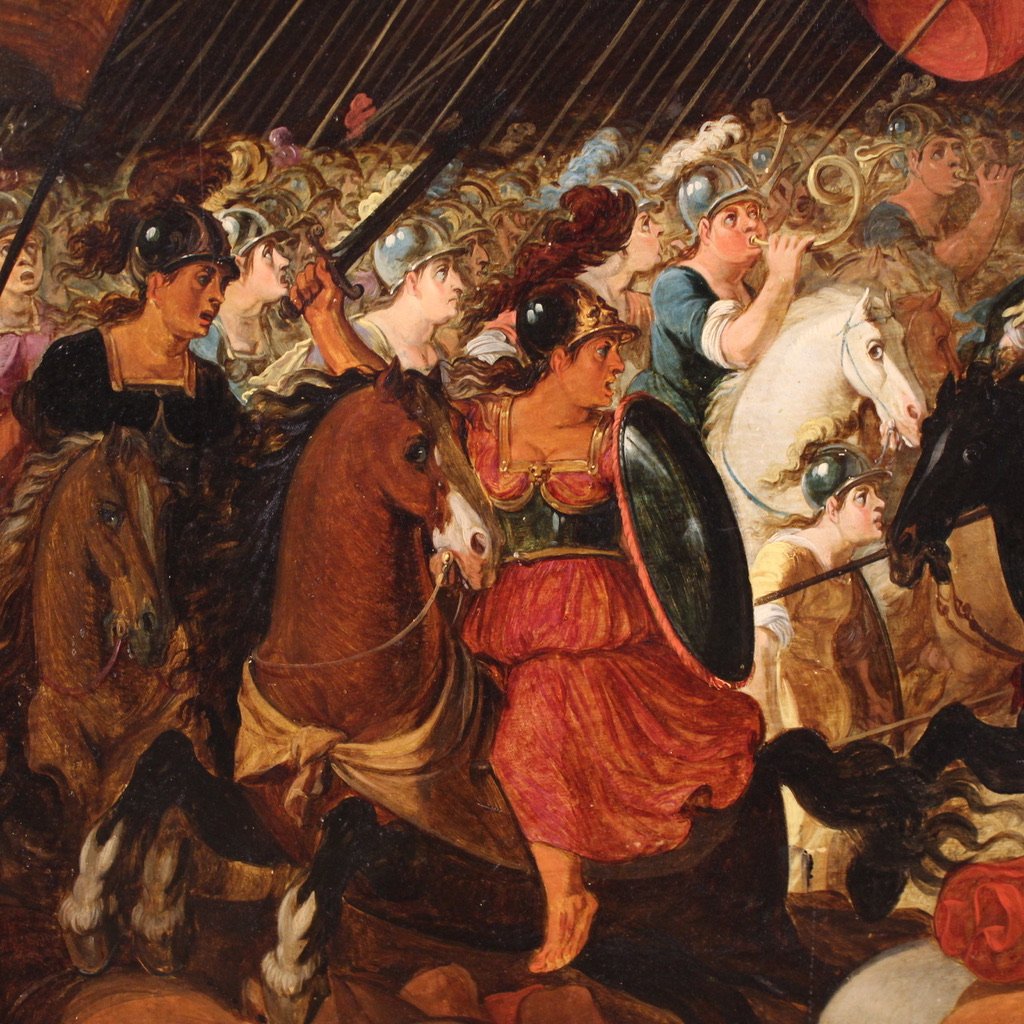 Grande dipinto fiammingo su tavola del XVII secolo, battaglia tra cavalieri e Amazzoni-photo-5