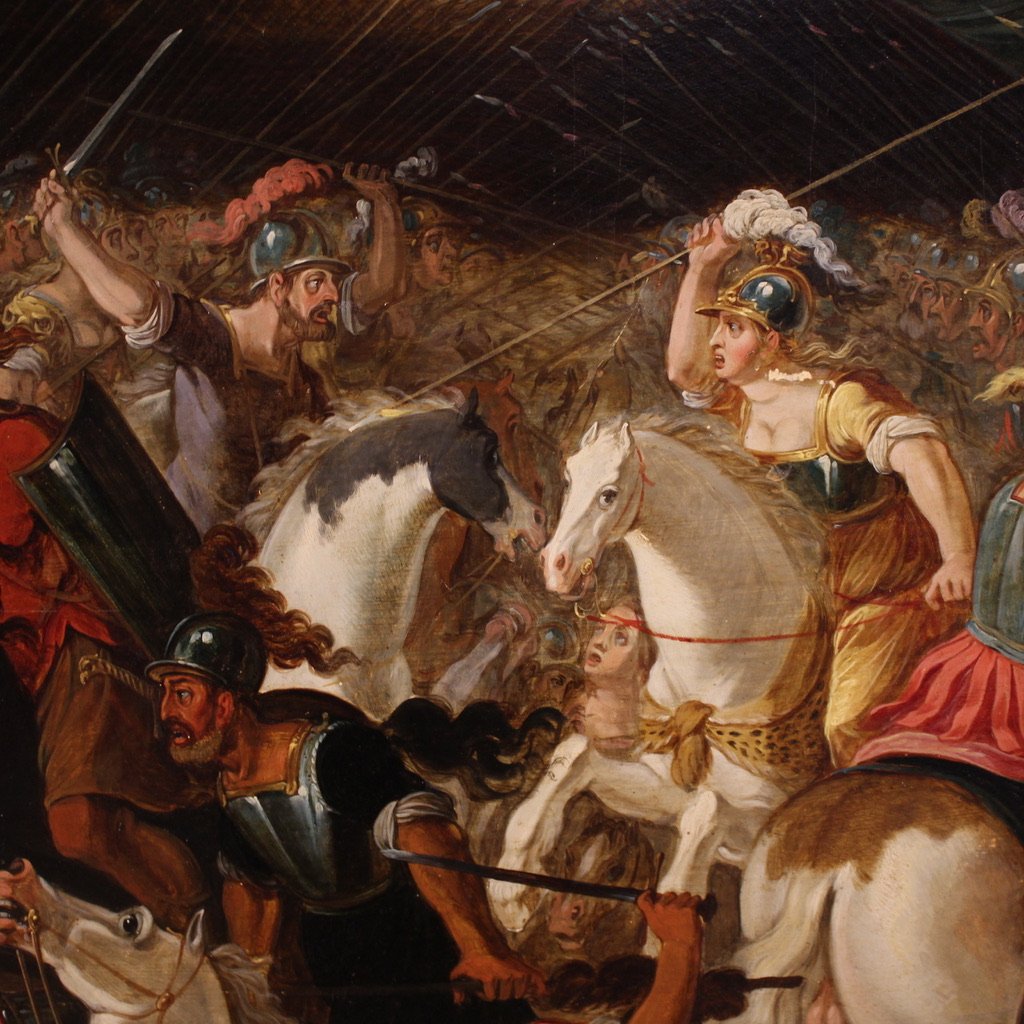 Grande dipinto fiammingo su tavola del XVII secolo, battaglia tra cavalieri e Amazzoni-photo-7