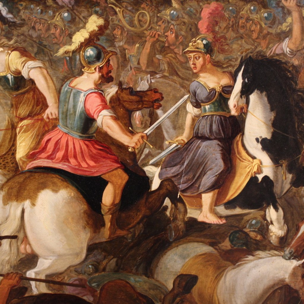 Grande dipinto fiammingo su tavola del XVII secolo, battaglia tra cavalieri e Amazzoni-photo-8