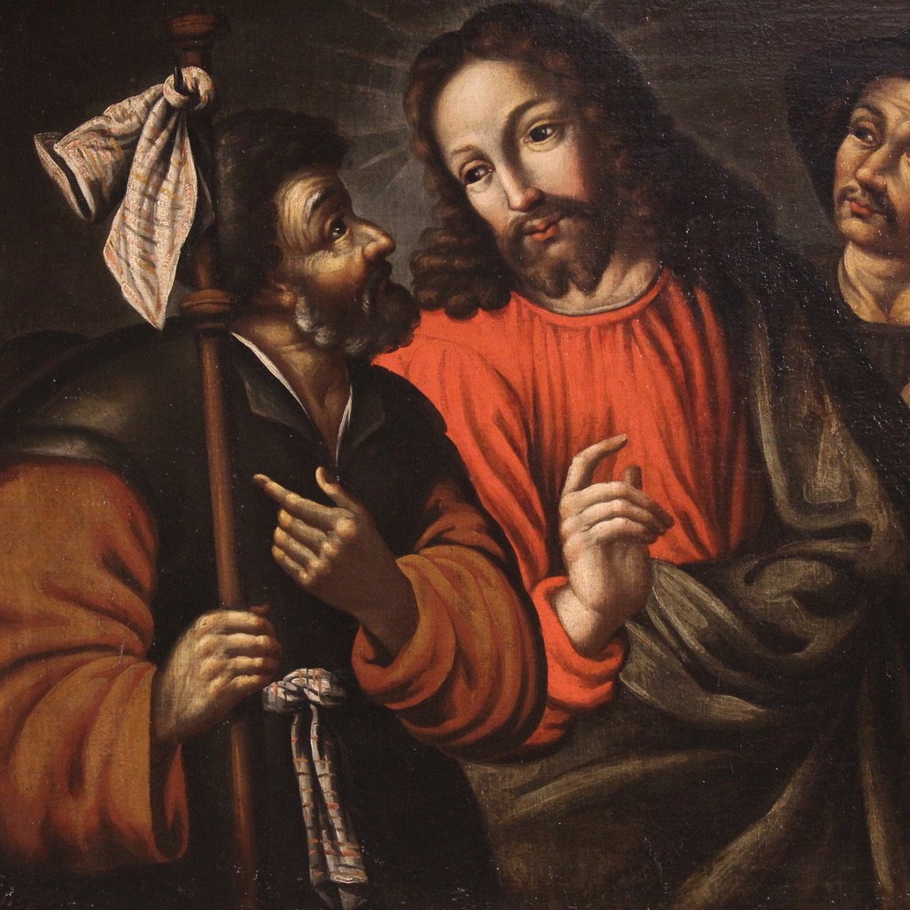 Antico dipinto spagnolo del XVII secolo, Cristo e i discepoli di Emmaus-photo-2