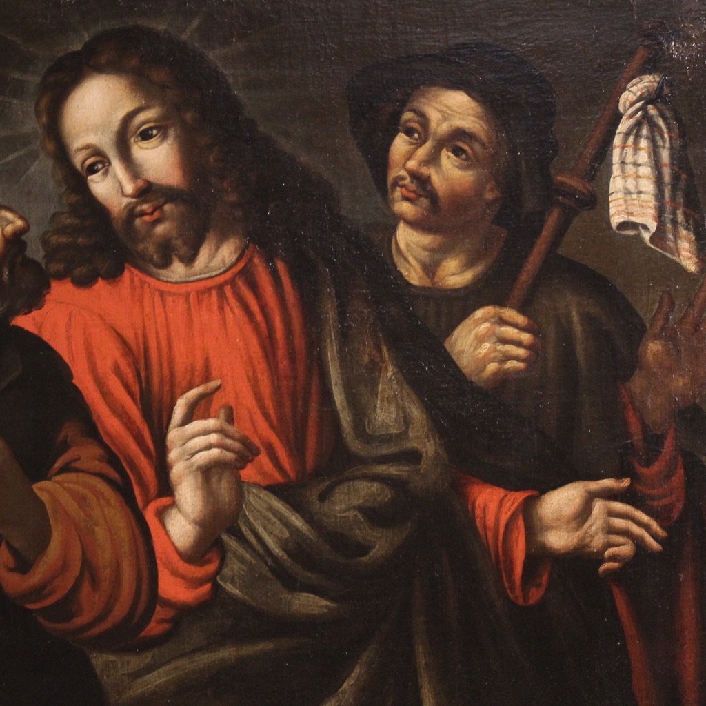 Antico dipinto spagnolo del XVII secolo, Cristo e i discepoli di Emmaus-photo-3