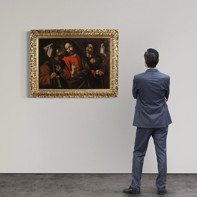 Antico dipinto spagnolo del XVII secolo, Cristo e i discepoli di Emmaus-photo-1