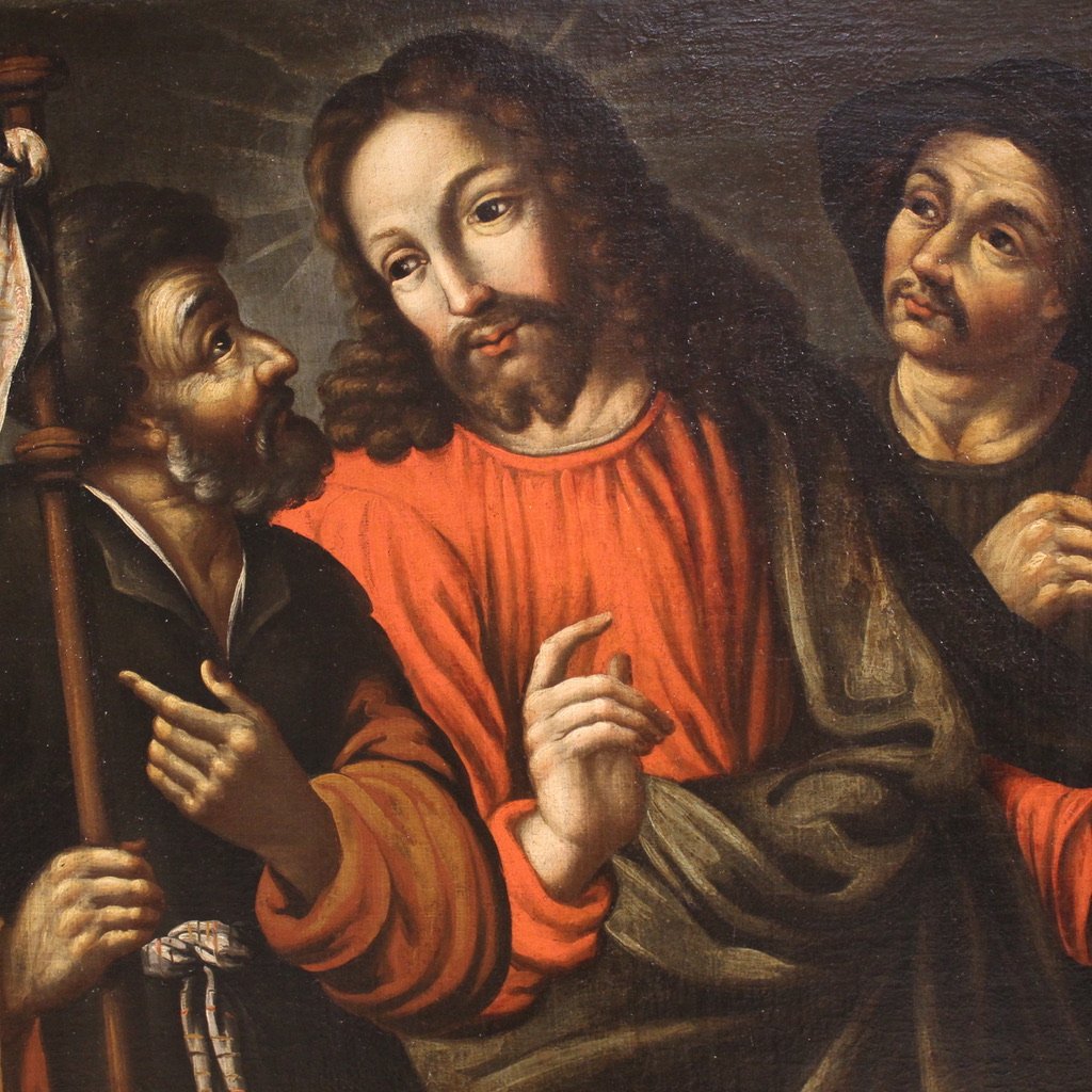 Antico dipinto spagnolo del XVII secolo, Cristo e i discepoli di Emmaus-photo-7