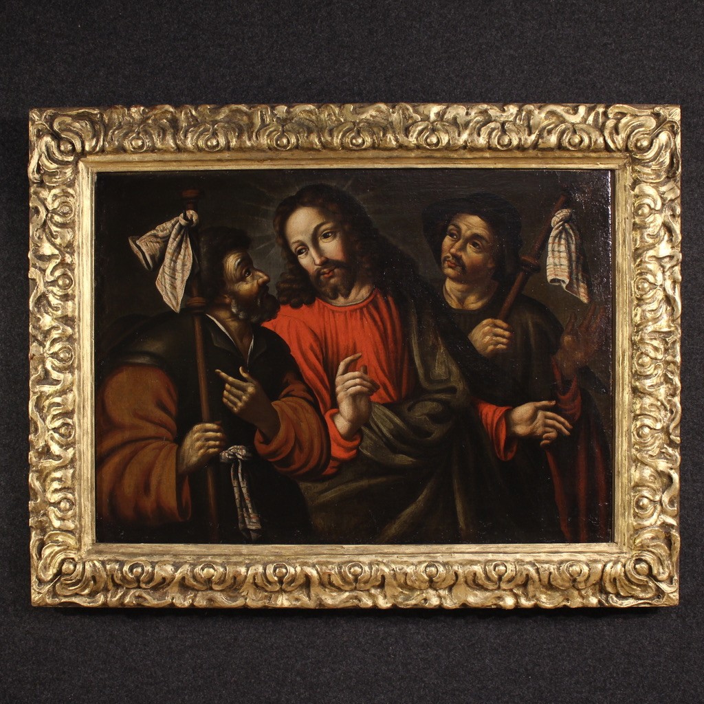 Antico dipinto spagnolo del XVII secolo, Cristo e i discepoli di Emmaus