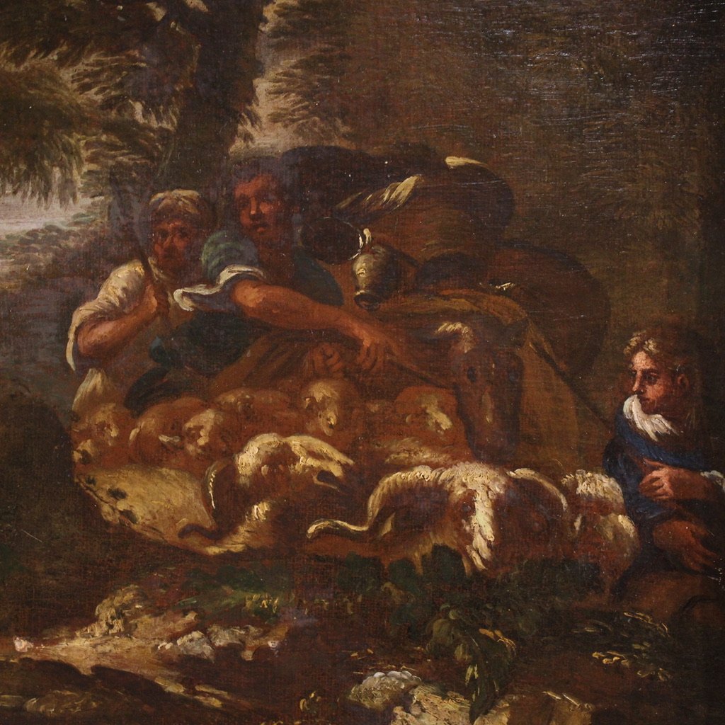 Antico dipinto italiano del XVIII secolo, paesaggio con scena pastorale-photo-2