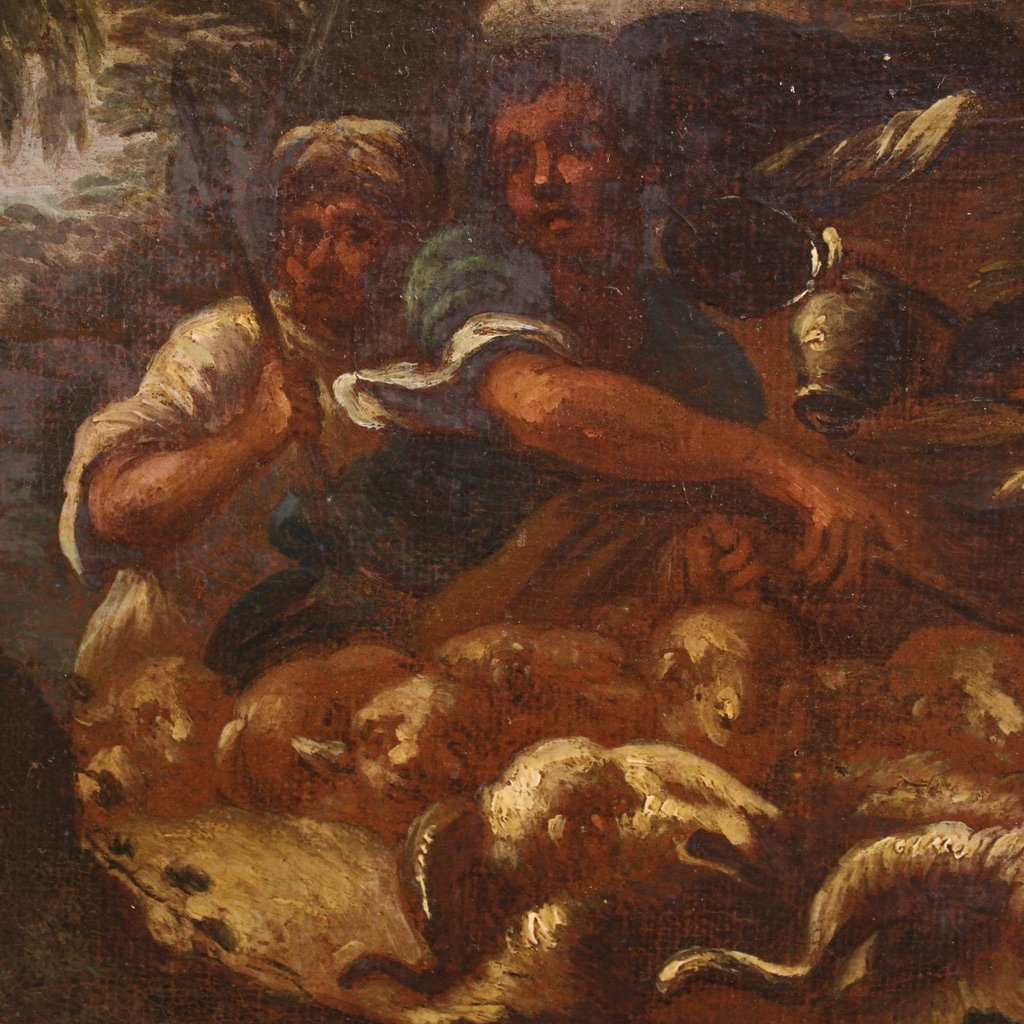 Antico dipinto italiano del XVIII secolo, paesaggio con scena pastorale-photo-4