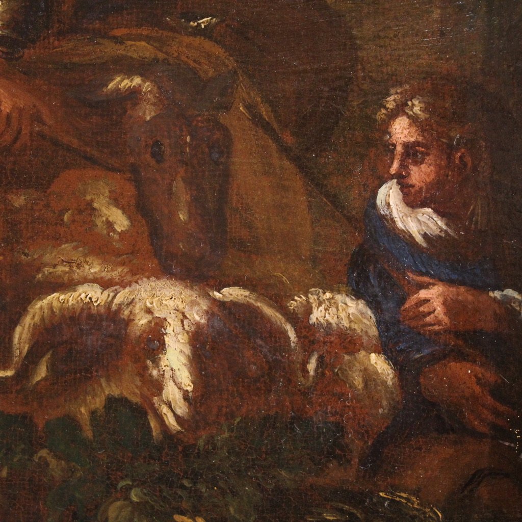 Antico dipinto italiano del XVIII secolo, paesaggio con scena pastorale-photo-5