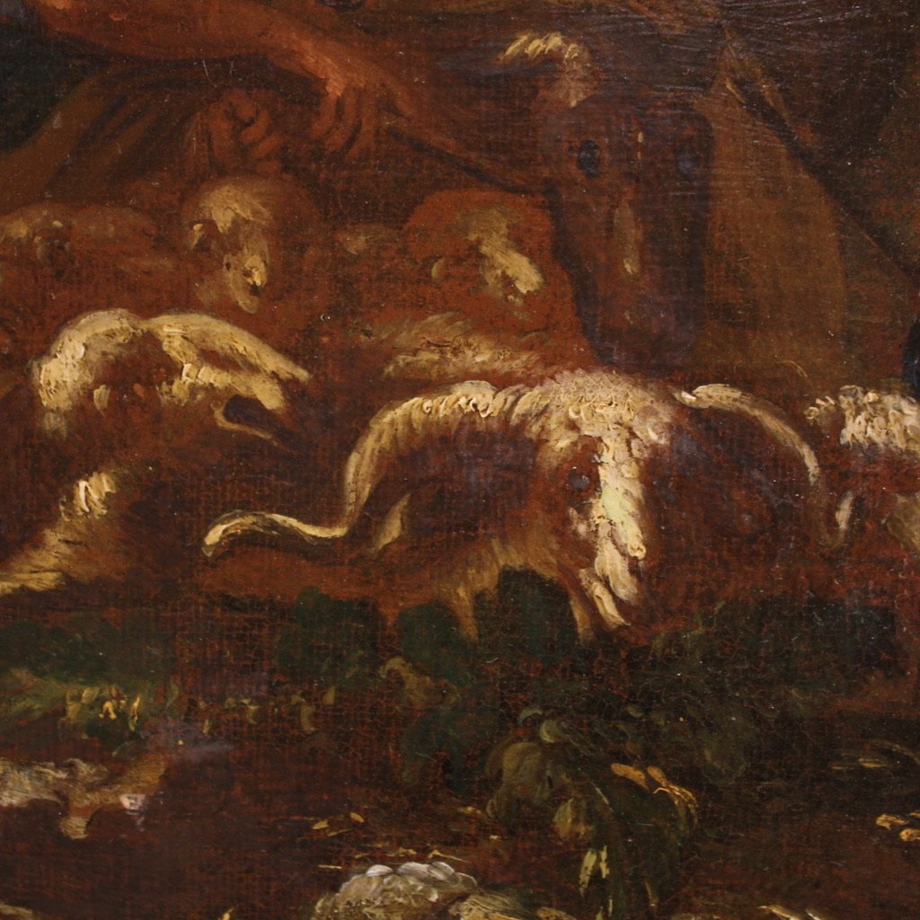 Antico dipinto italiano del XVIII secolo, paesaggio con scena pastorale-photo-7