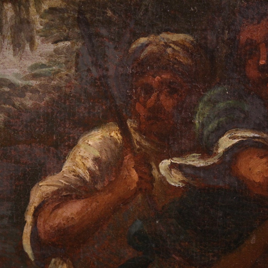 Antico dipinto italiano del XVIII secolo, paesaggio con scena pastorale-photo-8