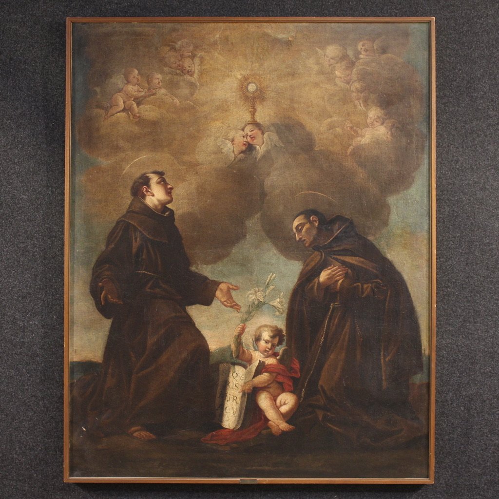 Antico dipinto italiano adorazione di frati con putti del XVII secolo-photo-2