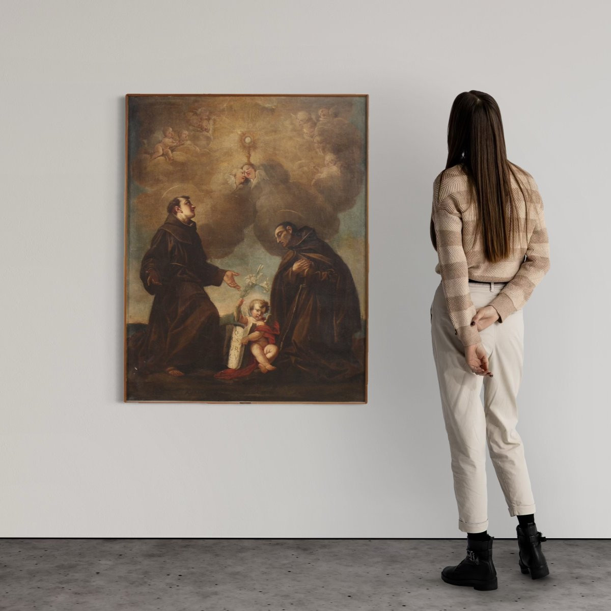 Antico dipinto italiano adorazione di frati con putti del XVII secolo-photo-3