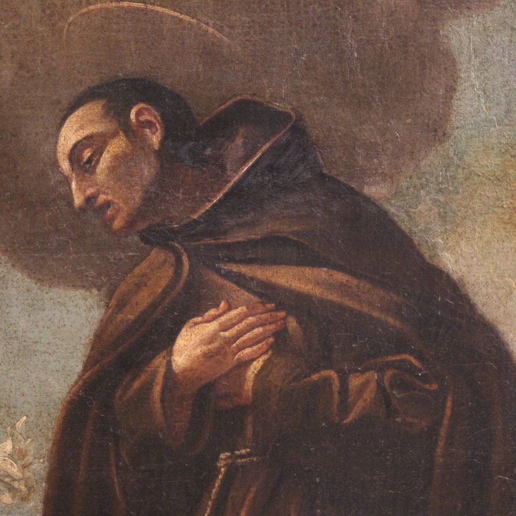 Antico dipinto italiano adorazione di frati con putti del XVII secolo-photo-2