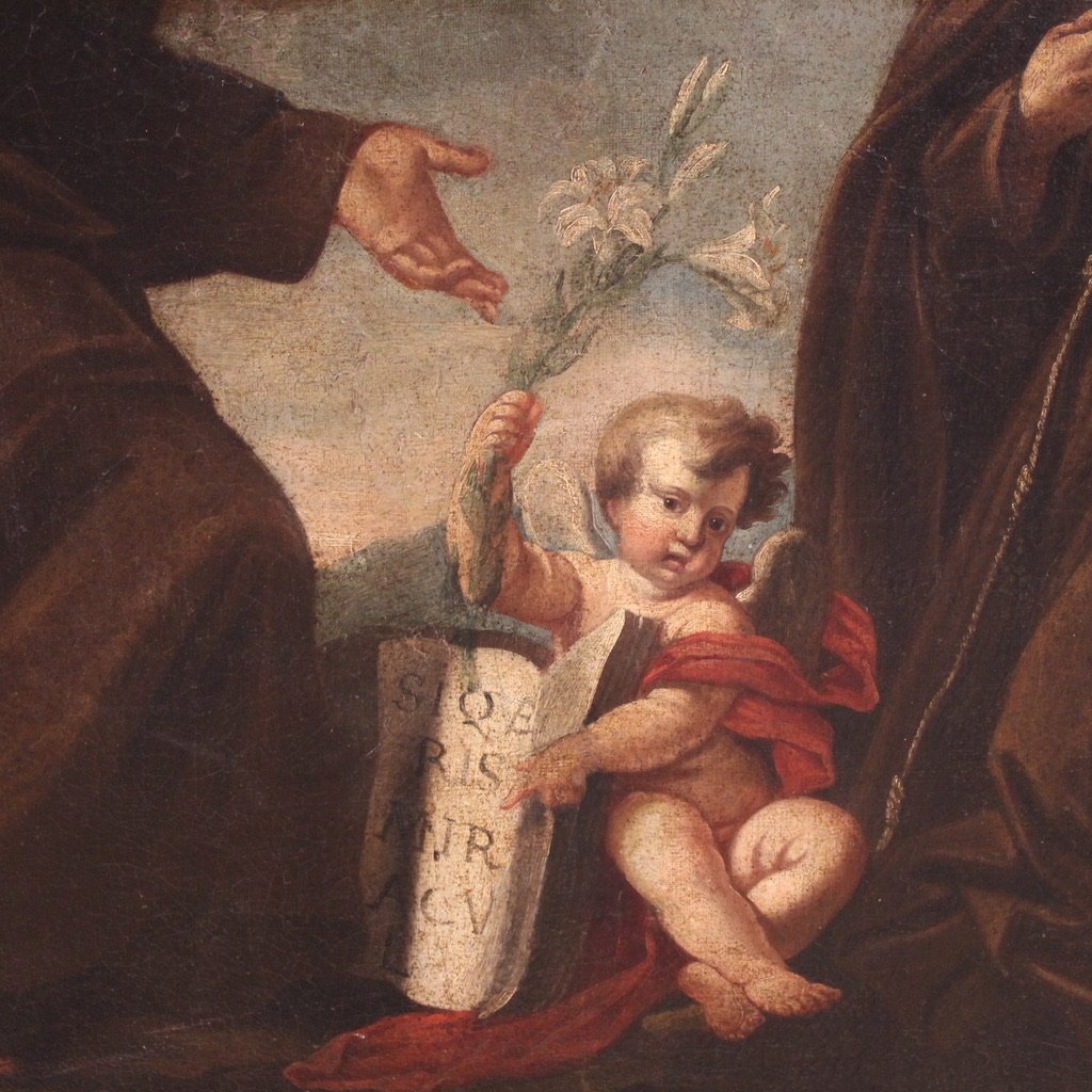 Antico dipinto italiano adorazione di frati con putti del XVII secolo-photo-3