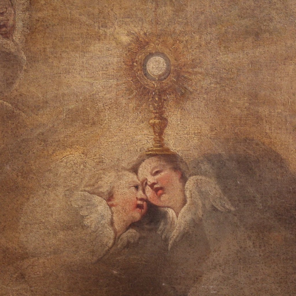 Antico dipinto italiano adorazione di frati con putti del XVII secolo-photo-5
