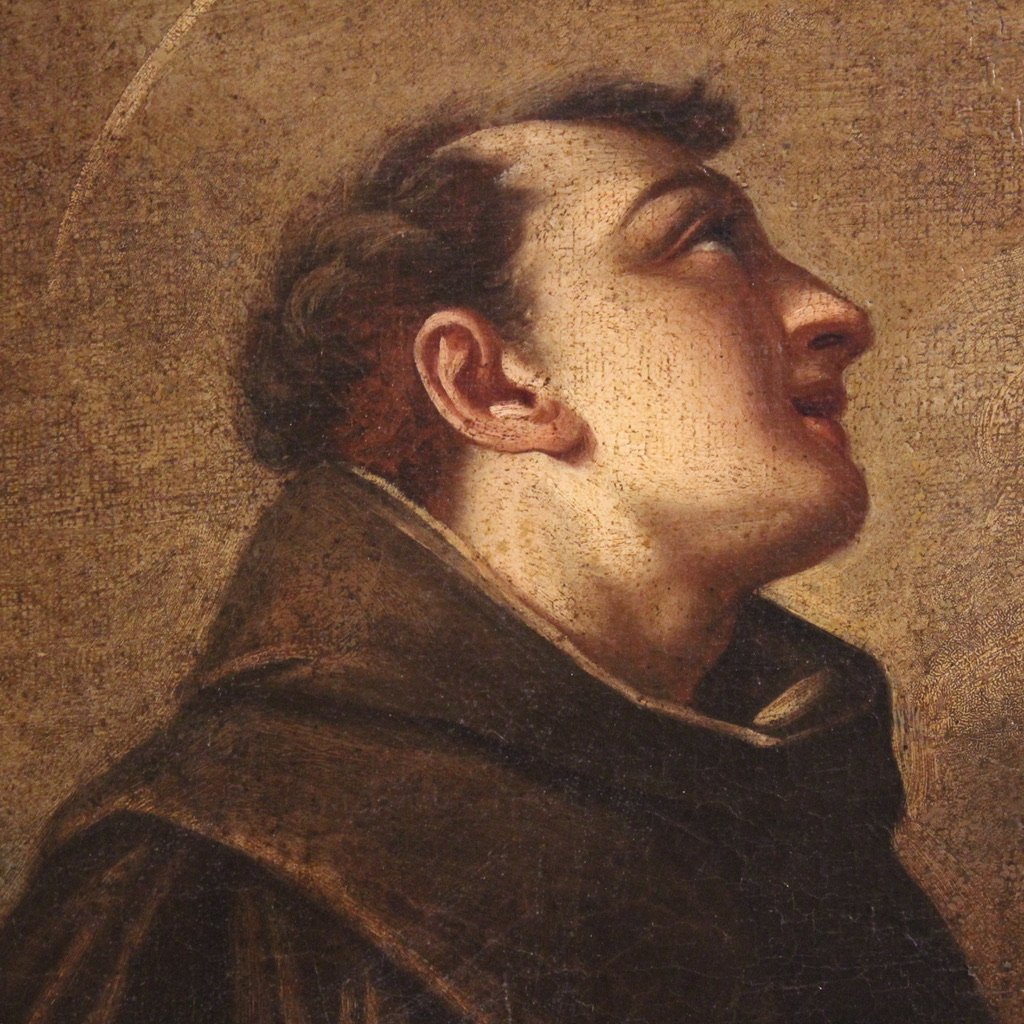 Antico dipinto italiano adorazione di frati con putti del XVII secolo-photo-6