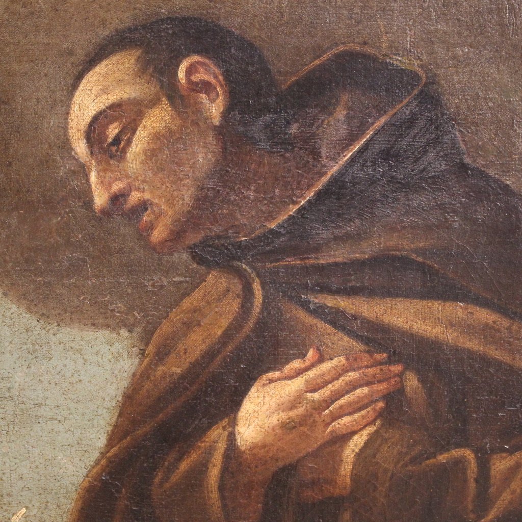 Antico dipinto italiano adorazione di frati con putti del XVII secolo-photo-7