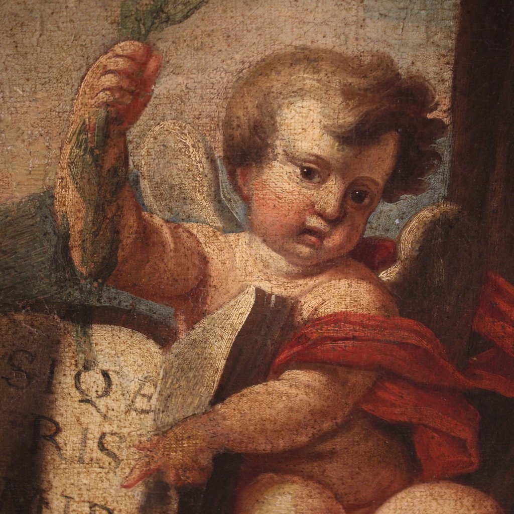 Antico dipinto italiano adorazione di frati con putti del XVII secolo-photo-8