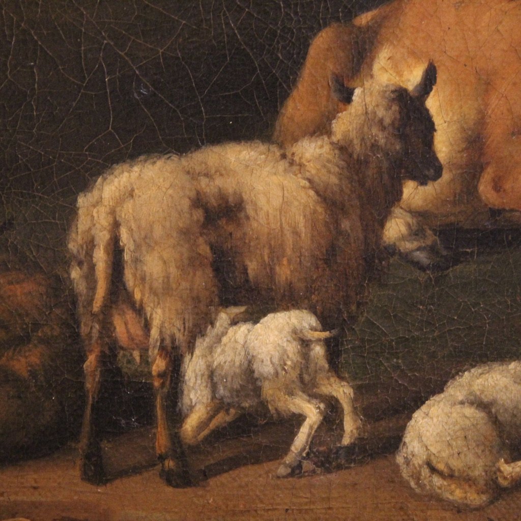 Antico dipinto fiammingo paesaggio bucolico del XVIII secolo-photo-6