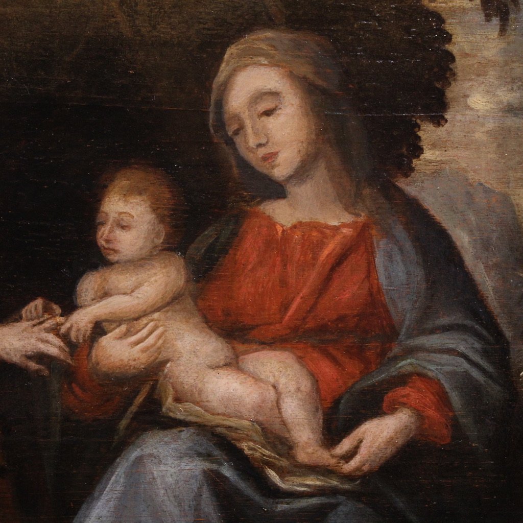 Antico dipinto su tavola del XVII secolo, Matrimonio mistico di Santa Caterina d'Alessandria-photo-3