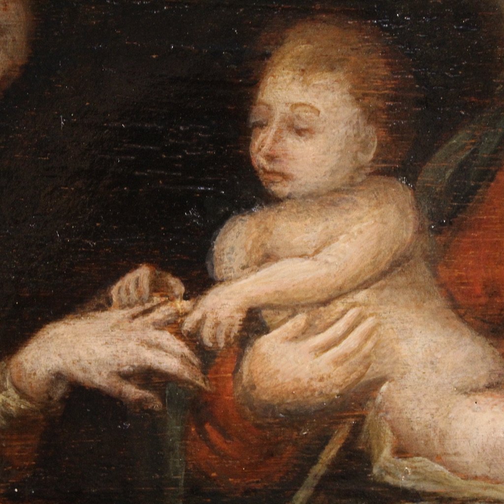 Antico dipinto su tavola del XVII secolo, Matrimonio mistico di Santa Caterina d'Alessandria-photo-5