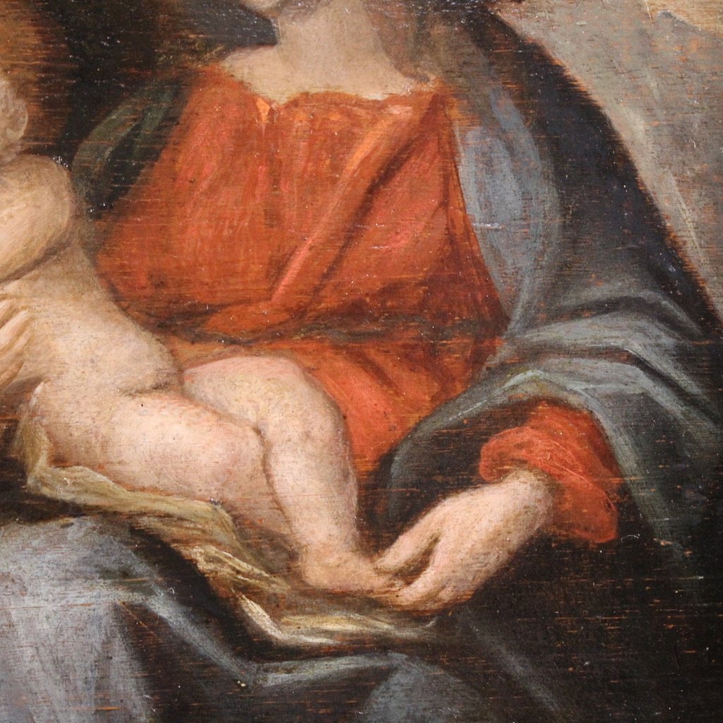 Antico dipinto su tavola del XVII secolo, Matrimonio mistico di Santa Caterina d'Alessandria-photo-6