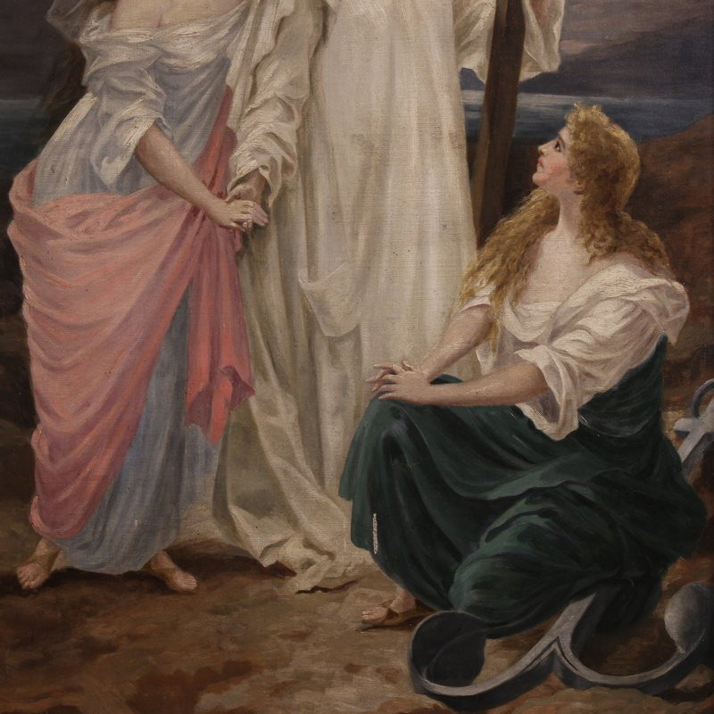 Grande dipinto neoclassico del XIX secolo, allegoria di fede, speranza e carità-photo-3