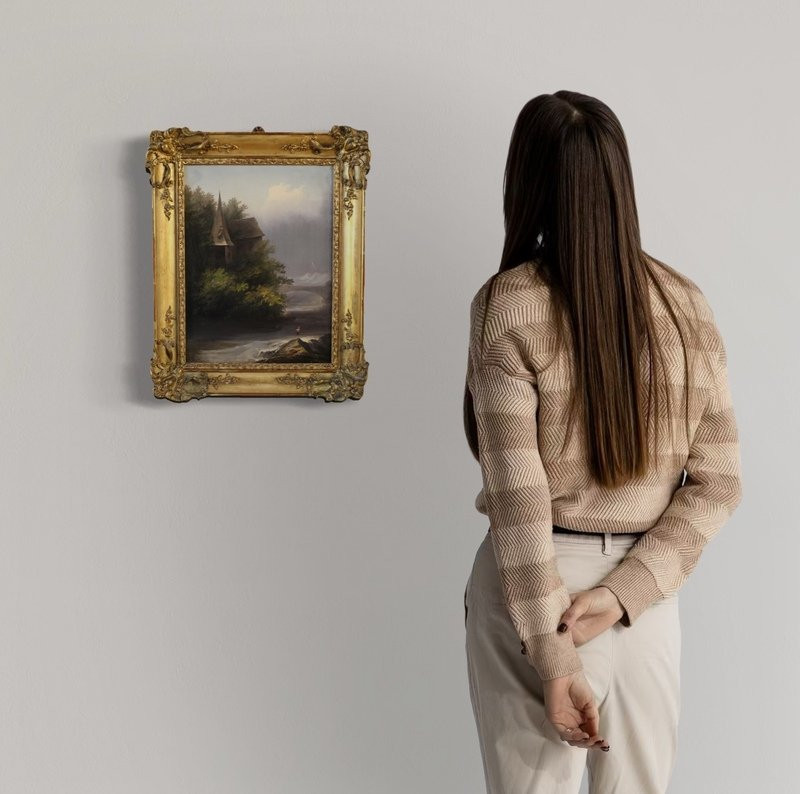 Dipinto firmato Peyron del XIX secolo, paesaggio romantico con pescatore-photo-1