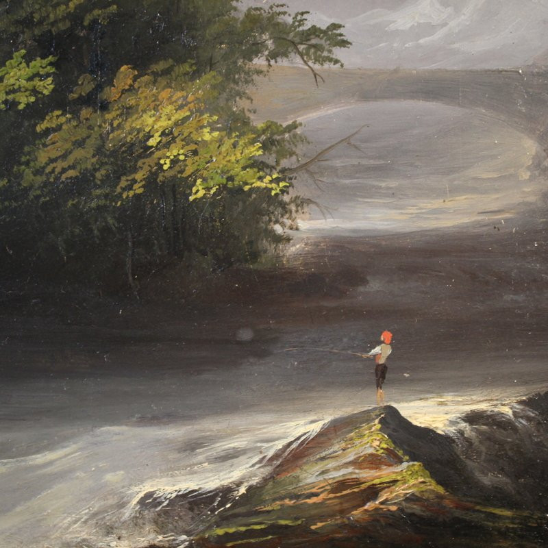 Dipinto firmato Peyron del XIX secolo, paesaggio romantico con pescatore-photo-4