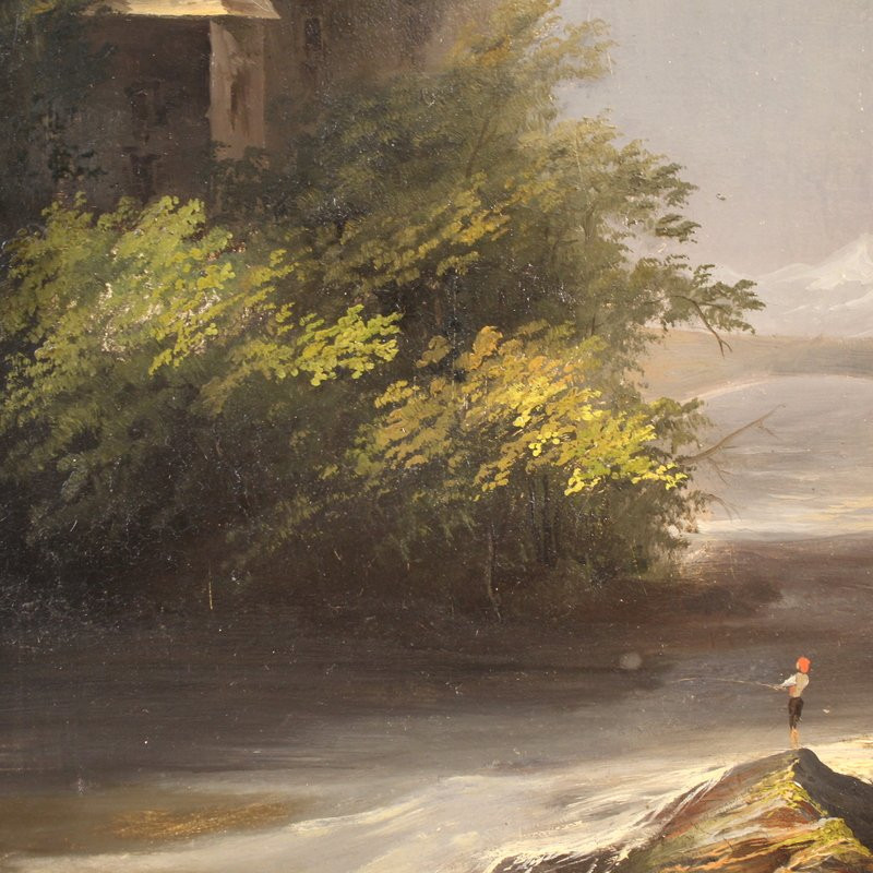 Dipinto firmato Peyron del XIX secolo, paesaggio romantico con pescatore-photo-5