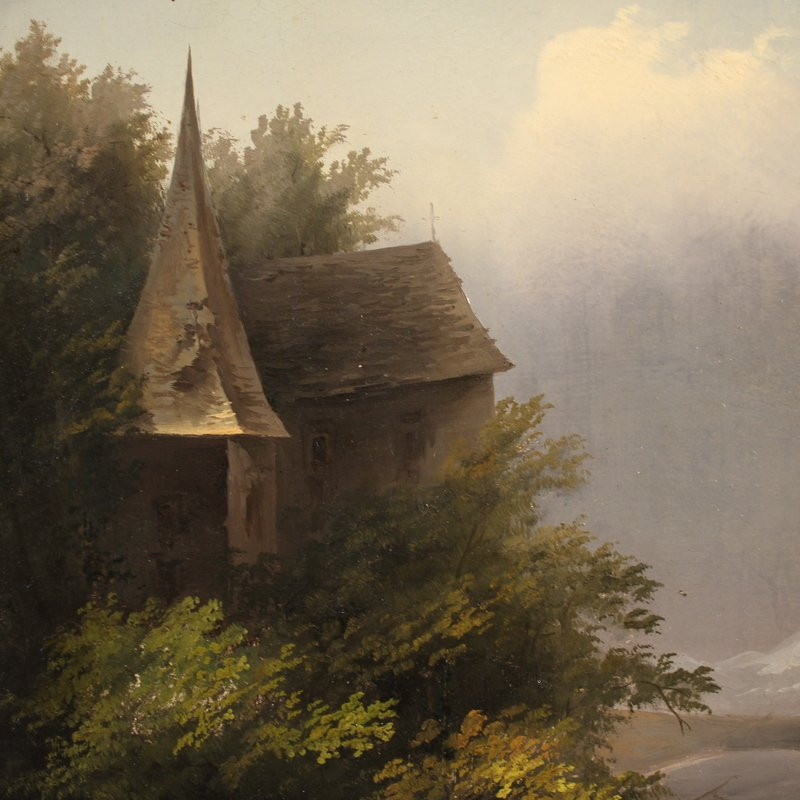 Dipinto firmato Peyron del XIX secolo, paesaggio romantico con pescatore-photo-7