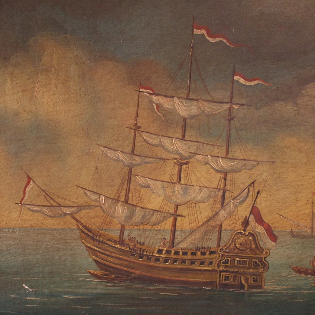 Dipinto italiano veduta di porto del XX secolo-photo-4