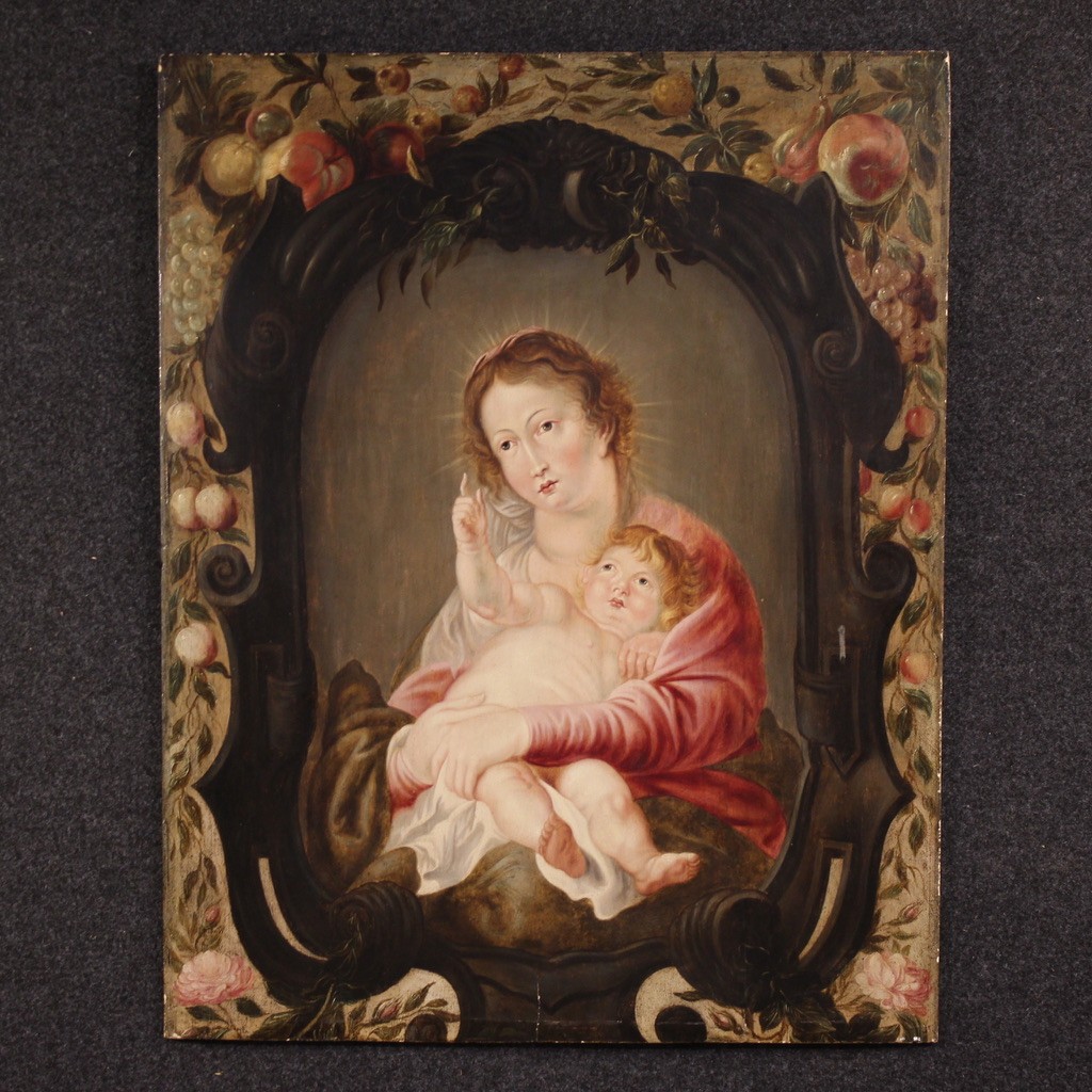  Dipinto fiammingo Madonna col bambino del XVII secolo
