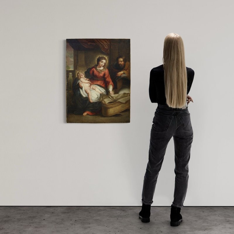 Antico dipinto fiammingo Sacra Famiglia del XVIII secolo-photo-2