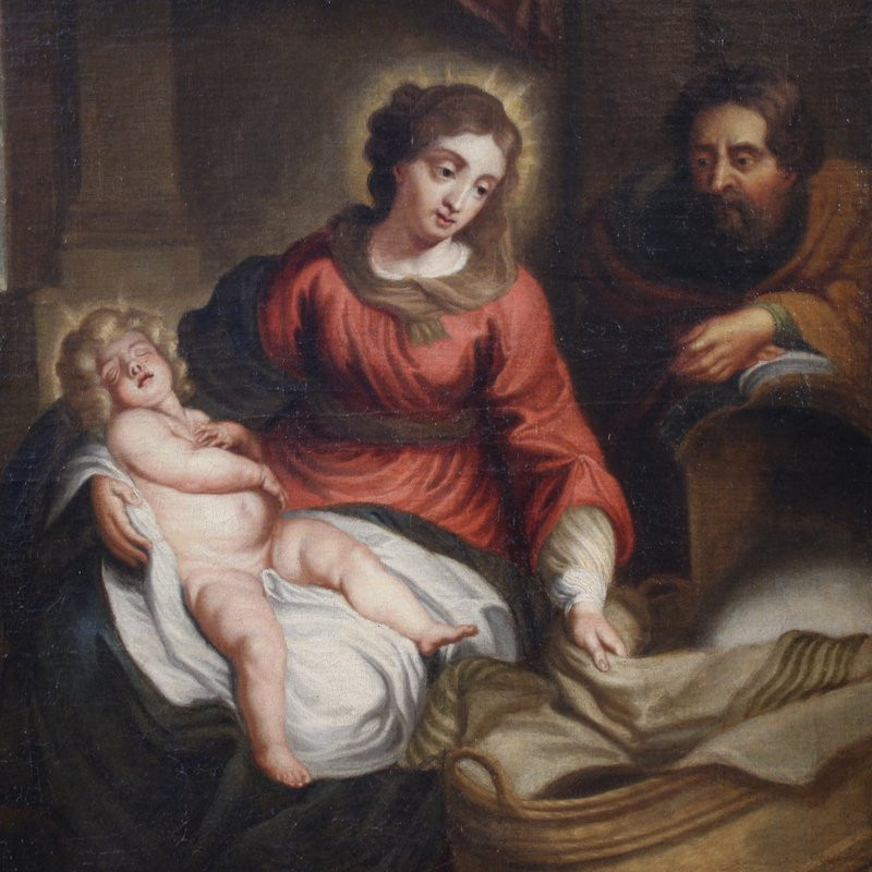 Antico dipinto fiammingo Sacra Famiglia del XVIII secolo-photo-3