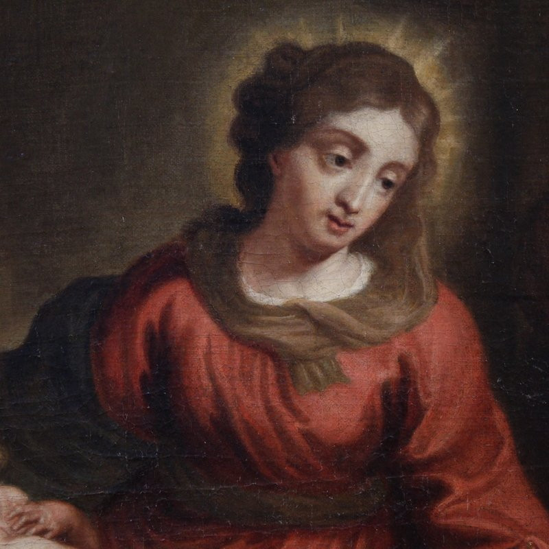 Antico dipinto fiammingo Sacra Famiglia del XVIII secolo-photo-4