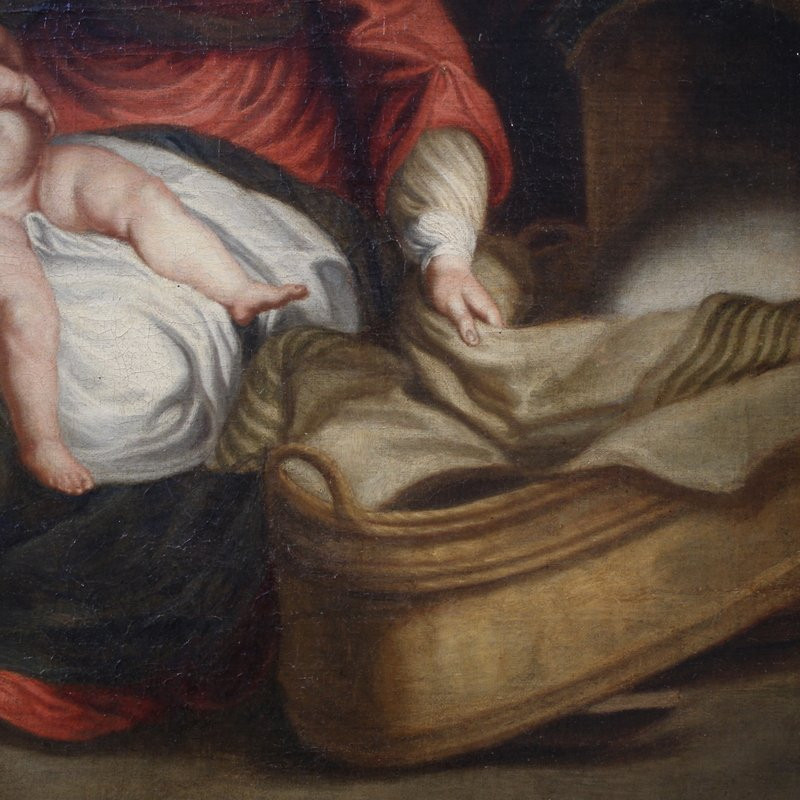 Antico dipinto fiammingo Sacra Famiglia del XVIII secolo-photo-3