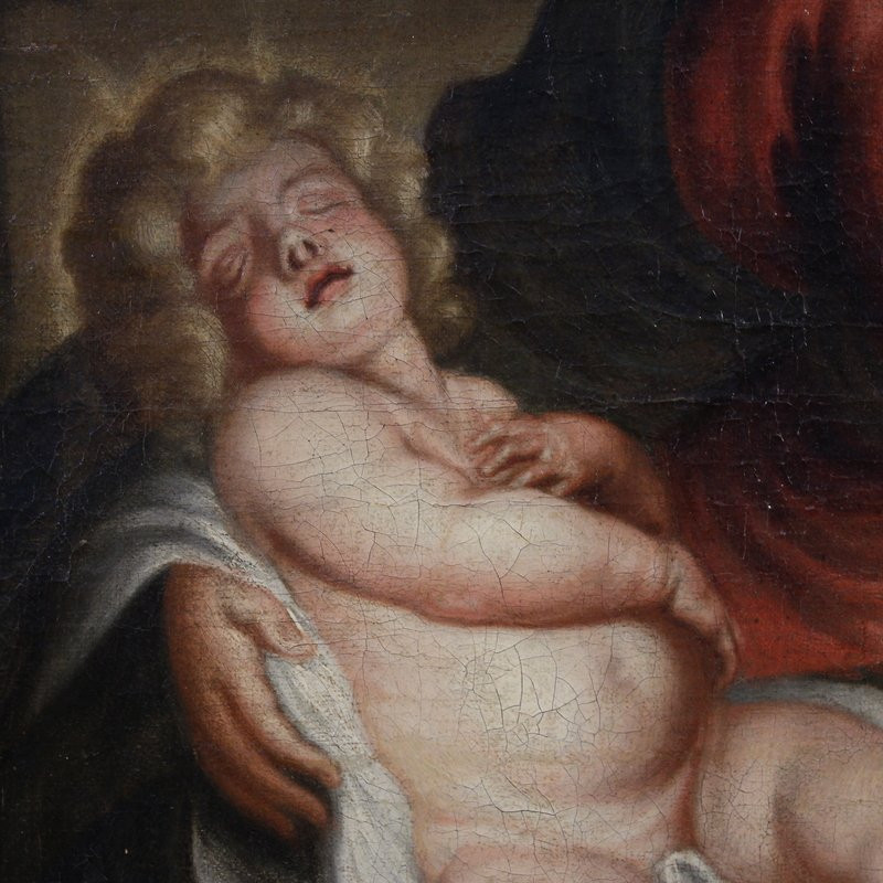 Antico dipinto fiammingo Sacra Famiglia del XVIII secolo-photo-5