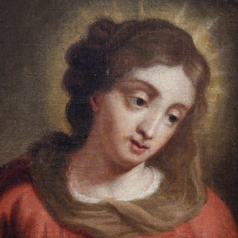 Antico dipinto fiammingo Sacra Famiglia del XVIII secolo-photo-6