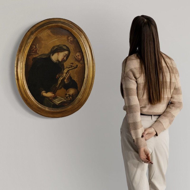 Antico dipinto ovale Santa Caterina di Genova del XVII secolo-photo-2