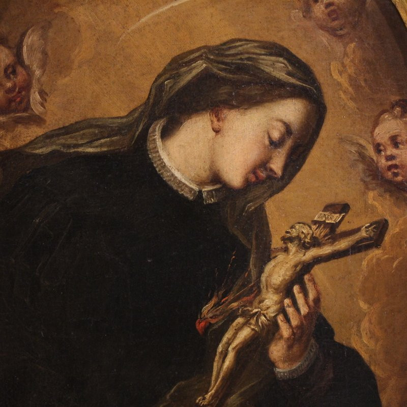 Antico dipinto ovale Santa Caterina di Genova del XVII secolo-photo-3